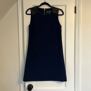 Navy & Leather Shift A-Line Dress, Size XS